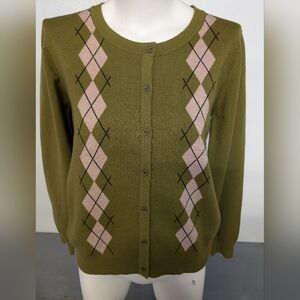 Olive Green Argyle Cardigan Sweater With Light Pink Pattern Size L